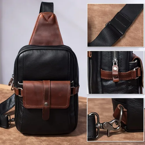 Vista 7 de CENUNCO Bolso bandolera de cuero auténtico, mochila cruzada de cuero oculto, bolsa de transporte negra, casual, senderismo, motocicleta, bolsa
