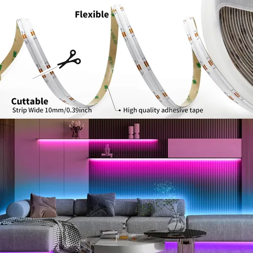 Vista 3 de GIDEALED Tira de luz LED COB RGB de 24 V, 32.8 pies, 16 millones de colores RGB cambiantes, tira de luz LED COB flexible de alta densidad de 6720