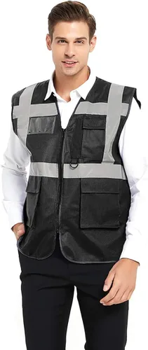 Vista 15 de GOGO Chaleco de seguridad de alta visibilidad con 5 bolsillos con tiras reflectantes, chaleco de uniforme de trabajo, color rosa intenso, talla S