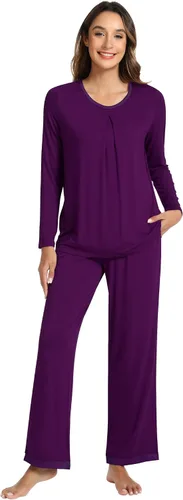Vista 35 de NACHILA Women's Pajamas Set-Viscose Made from Bamboo, Long Sleeve Sleepwear Top with Pants Comfy Pajama Soft 2 Piece Pjs B-aqua Green