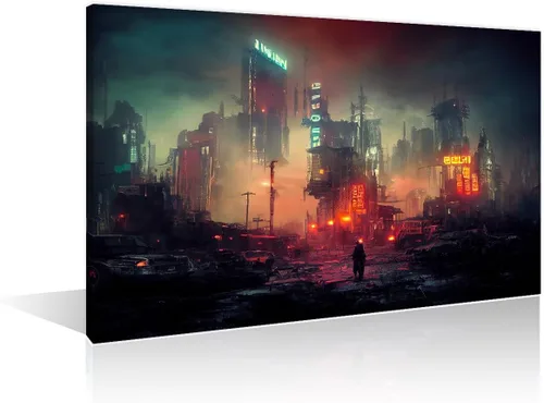 Vista 42 de 1 panel de cuadros de la ciudad de Cyberpunk, arte de pared, representación de vallas publicitarias, edificios modernos en la capital con obras