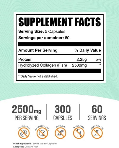 Vista 2 de BulkSupplements.com Cápsulas de colágeno marino - Suplemento de colágeno de pescado, colágeno para mujeres y hombres - Colágeno hidrolizado, sin