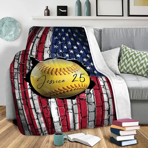 Vista 4 de Manta de sóftbol personalizada, manta de bandera de EE. UU., manta de forro polar Sherpa suave y acogedora, manta de sóftbol para mamá, hija, niño