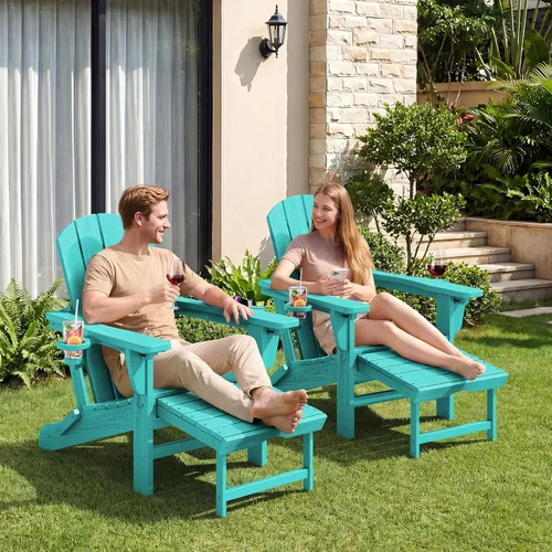 Vista 9 de KINGYES Silla Adirondack plegable ajustable con otomana y 2 portavasos, silla reclinable Adirondack HDPE con reposapiés, Aruba