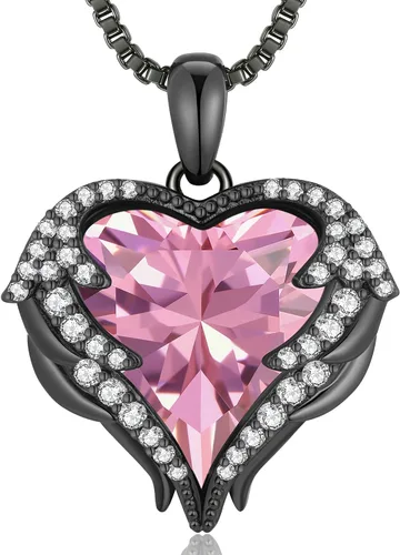 Vista 14 de CDE Angel Wings Heart Birthstone Pendant Necklace Gift for Women Negro-01&07-Piedra natal roja rubí