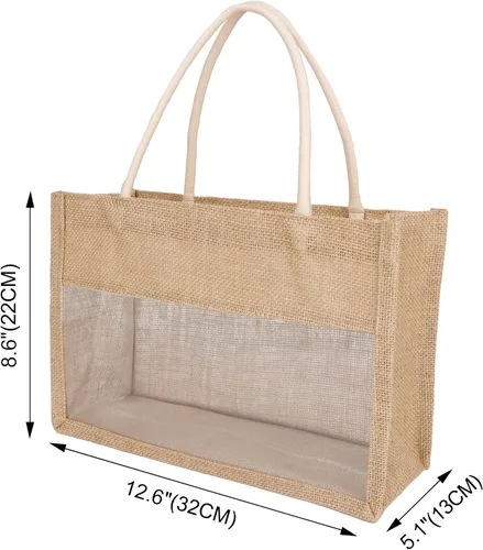Vista 3 de TopTie 6 bolsas de arpillera con ventana de película de PVC transparente, bolsa de playa de yute, bolsas de comestibles reutilizables a granel