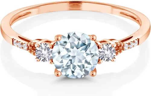Vista 2 de Anillo de compromiso de oro rosa de 10 quilates, azul cielo, aguamarina, blanco y zafiro creado con diamantes blancos con acento de 3 piedras