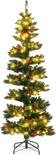 Vista 55 de GOFLAME Árbol de Navidad Artificial Preiluminado de 6 Pies, Árbol de Navidad Delgado con Cobertura de Nieve y Forma de Lápiz con Luces LED