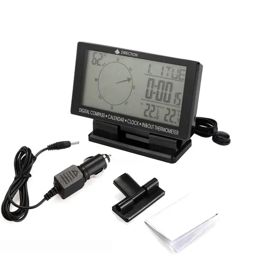 Vista 7 de Termómetro digital para coche negro con retroiluminación azul brújula reloj con LCD grande 3.9 pulgadas