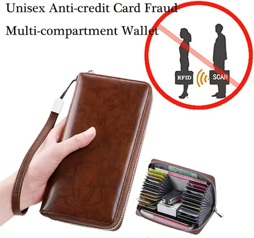 Vista 2 de DKKD Cartera unisex antifraude de tarjetas de crédito con múltiples compartimentos, cartera para mujer, con bloqueo Rfid, de piel auténtica, 24