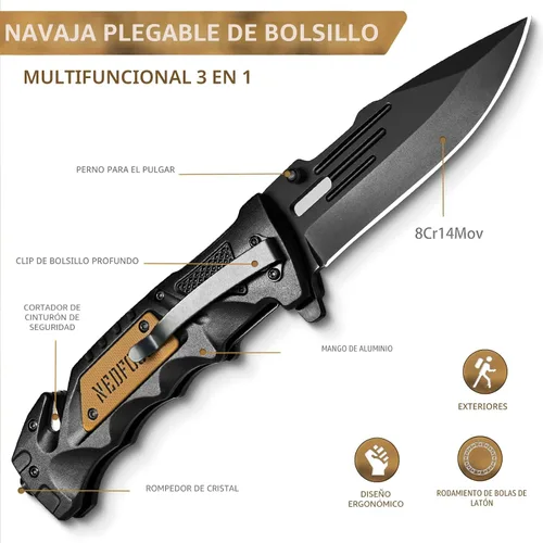 Vista 2 de NedFoss - Cuchillo plegable de bolsillo DA75, cuchillo de bolsillo 3 en 1 para hombres, cuchillo de supervivencia con cierre de forro de cinturón