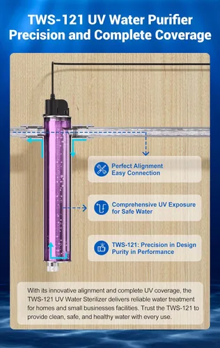 Vista 4 de HQUA-TWS-121 120 V 55 W 12 GPM 1" MNPT Entrada/Salida, Filtro Purificador de Agua Ultravioleta para Toda la Casa, + 1 Bombilla UV Extra, + 1 Manga
