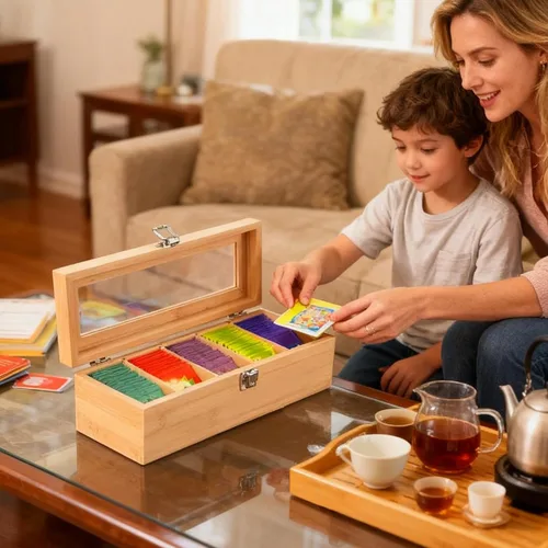 Vista 2 de Organizador de almacenamiento de bolsas de té de bambú, bolsa de té de madera, caja de almacenamiento de 5 compartimentos con tapa transparente