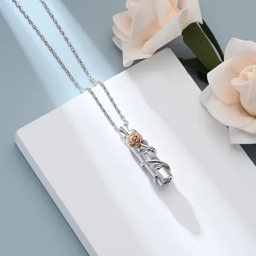 Vista 5 de Shajwo - Collar de urna con flor de rosa para cenizas, joyería de cremación para mujeres y niñas, dije conmemorativo, colgante de urna para cenizas