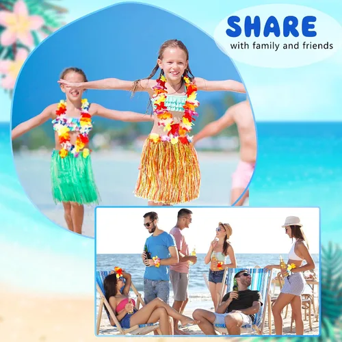 Vista 5 de Juego de 14 piezas de falda hawaiana de hierba hula con flores, pulsera de flores, clip para el cabello, traje hawaiano para fiesta de playa
