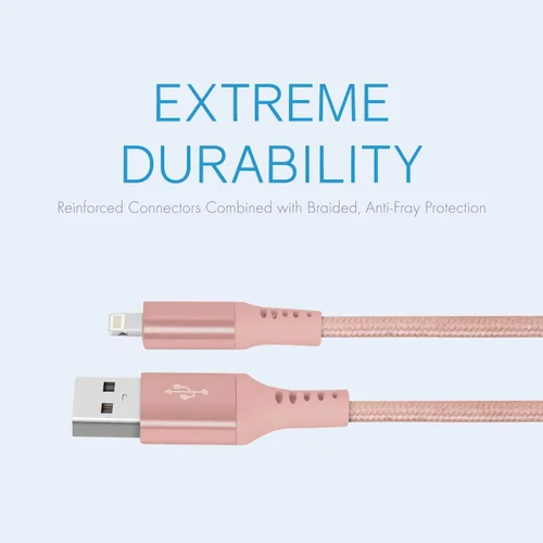Vista 2 de Realm Lightning trenzado de nailon a USB A - Cargador de iPhone de Apple certificado por Mfi, 10 pies, oro rosa