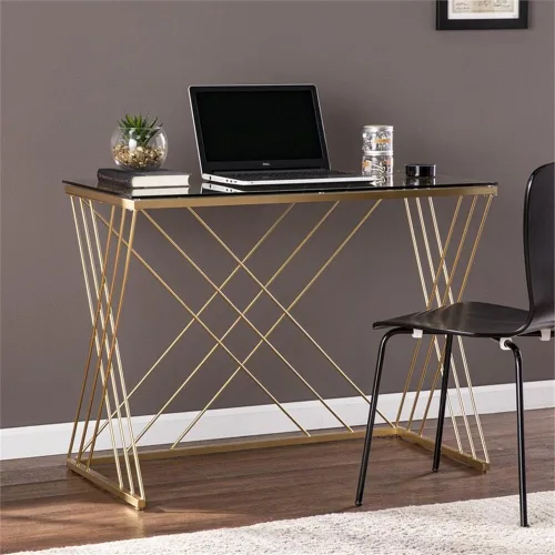 Vista 2 de SEI Furniture Dezby - Escritorio moderno con tapa de cristal, color plateado