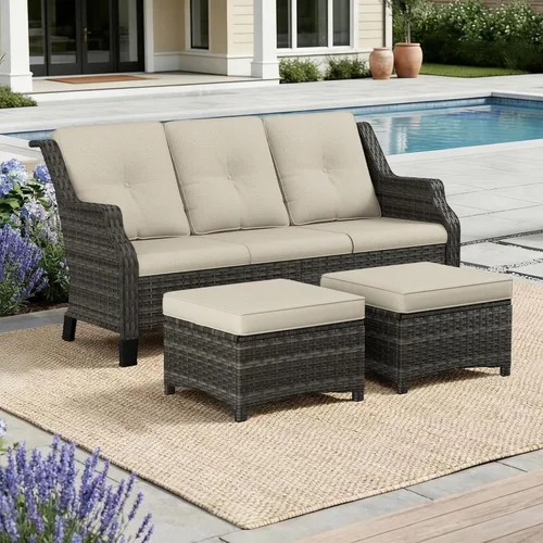 Vista 42 de Sofá de mimbre para patio al aire libre, sofá de 3 plazas, sofá de ratán con asiento profundo y cojines de olefina, respaldo alto, todo tipo de Beige