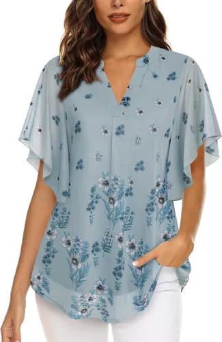 Vista 2 de Timeson Blusas de manga corta con cuello en V para mujer, camisas florales de doble capa de malla