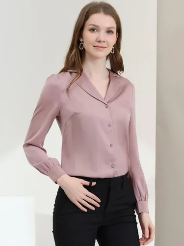 Vista 3 de Allegra K Blusa de satén con botones de manga larga para mujer, elegante cuello