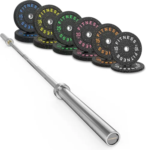 Vista 36 de Olympic Barbell Set, 2-Inch Bumper Plates with Weight Plate Rack Colored Crumb Rubber Weight Plates for Weight Lifting & Strength Training, 90–530