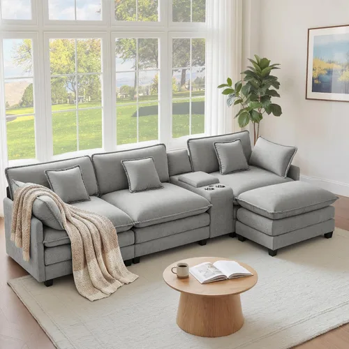 Vista 10 de KISLOT Sofá modular modular de gran tamaño de 74.4 pulgadas con 4 almohadas Sofá nube, cojines dobles, asientos profundos, sala de estar Arena