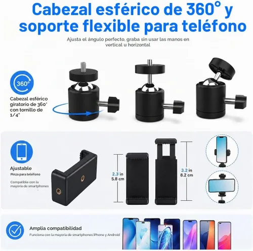 Vista 3 de Montura de trípode sobre la cabeza para cámara, webcam y anillo de luz, brazo flexible sobre la cabeza para iPhone con soporte para teléfono