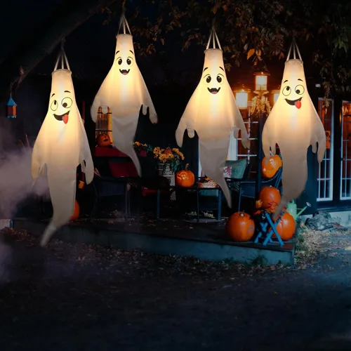 Vista 7 de Decoraciones de Halloween, para colgar al aire libre, calcetines de viento fantasma para árboles con temporizador, fantasmas LED para colgar
