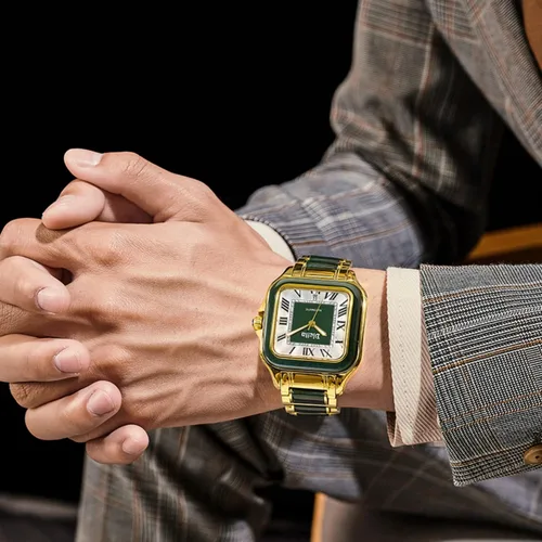 Vista 6 de Diella Reloj de pulsera rectangular para hombre, relojes automáticos de cuerda automática para hombre con jade y reloj de acero inoxidable, reloj