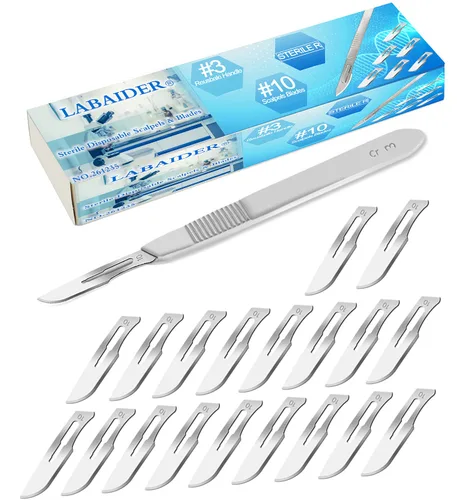 Vista 8 de Cuchillas estériles de bisturí #10 10 piezas estériles envueltas individualmente en papel de aluminio, con mango de cuchillo de bisturí #3