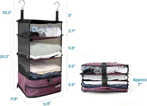 Vista 2 de Grand Fusion Stow-N-Go Organizador de equipaje de viaje Estantes de viaje colgantes portátiles, organizador de armario de mano, cubos de embalaje