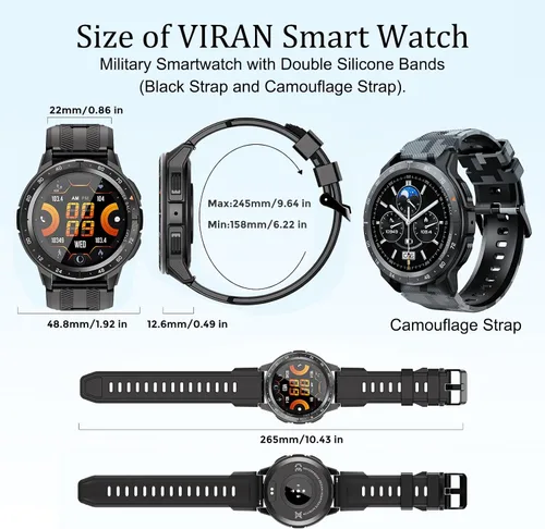 Vista 14 de VIRAN Relojes inteligentes militares para hombres, reloj inteligente resistente al agua 5ATM con llamada Bluetooth (respuesta/llamada de marcación)