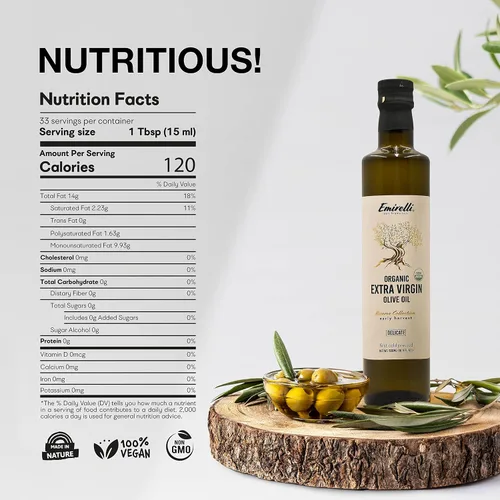 Vista 2 de Emirelli Aceite de oliva virgen extra orgánico, certificado por USDA, rico en polifenoles, primer prensado en frío, cosecha temprana, sabor suave