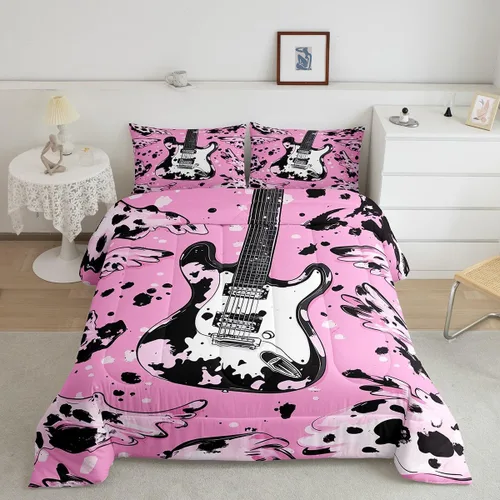 Vista 31 de Castle Fairy Juego de edredón de botas de vaquero, tamaño individual, juego de ropa de cama bohemio con guitarra musical para niños y niños
