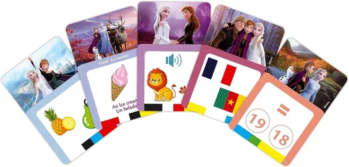 Vista 4 de LEXiBOOK, Frozen, Lector de tarjetas interactivo bilingüe, español/inglés, 150 tarjetas educativas de doble cara, máquina educativa de preguntas