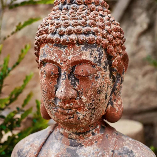 Vista 6 de Estatua de Buda Floryden para el hogar, estatuas de busto de Buda meditando, estatua de cabeza de Buda espiritual rústica, acabado de óxido