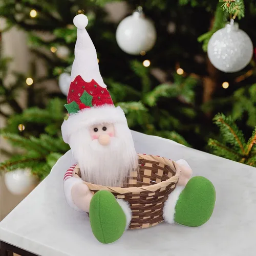Vista 4 de Cesta de almacenamiento de dulces de Navidad, Papá Noel, muñeco de nieve, cesta tejida para dulces de Navidad, plato de dulces para decoración