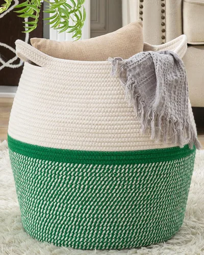 Vista 16 de KAKAMAY Cestas tejidas para almacenamiento (17 x 17 pulgadas), cesta grande de lavandería para bebé tejida con cuerda de algodón, cesta de Flecos