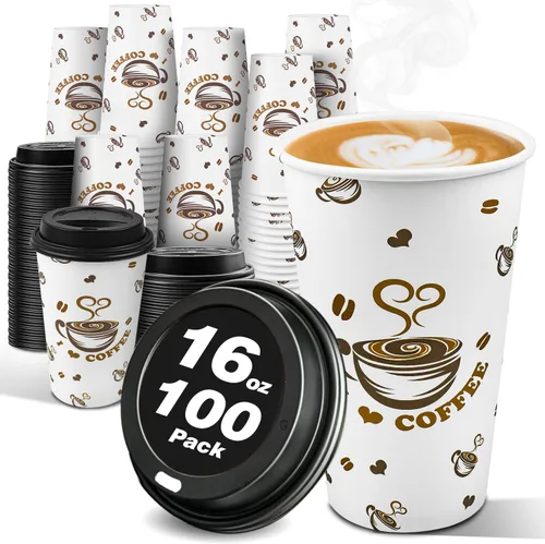 Vista 7 de Ginkgo Tazas de café desechables con tapas, 12 onzas, paquete de 100 unidades, taza de café de papel para llevar para coco caliente, chocolate
