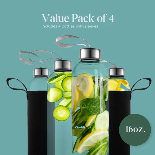 Vista 3 de Kitchen Lux Botellas de agua de vidrio de 16 onzas, botellas de agua reutilizables con herméticas, paquete de 4, tapas de acero inoxidable, correa