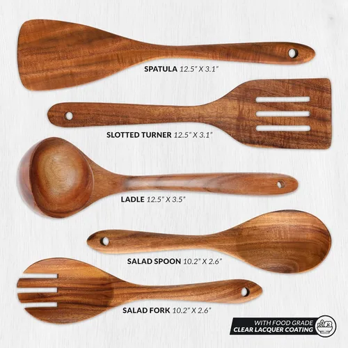 Vista 4 de Zulay Kitchen Juego de 5 cucharas de madera extragrandes - Utensilios de cocina de teca lisa - Cucharón, espátula, espumadera, tenedor, cuchara