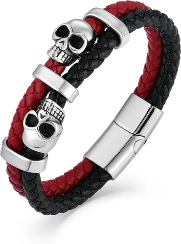 Vista 19 de Pulsera de Cuero de Doble Fila con Calavera para Hombre, Pulsera Trenzada con Calavera Negra o Plateada para Hombre, Joyería Punk Masculina