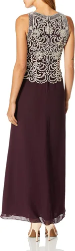 Vista 4 de J Kara Vestido largo sin mangas con cuentas festoneadas para mujer con bufanda