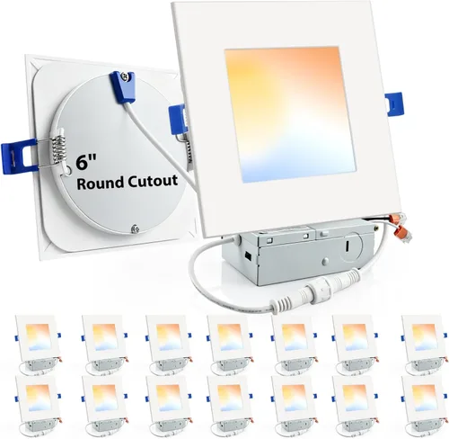 Vista 11 de zouzai juego de 12 luces LED empotrables cuadradas de 4 pulgadas para recortes redondos, luz descendente ultrafina de 5 CCT seleccionable y Blanco