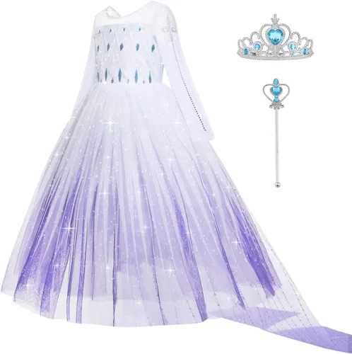 Vista 9 de AOMIG Vestido de princesa para niñas, disfraz de reina de lujo, disfraz de cosplay para niñas con vara de corona, disfraces de Halloween para niños