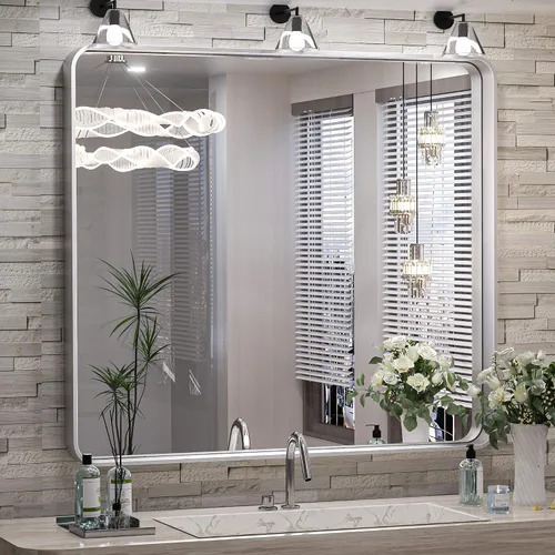 Vista 7 de TokeShimi Espejo de pared de baño de níquel cepillado de 20 x 30 pulgadas, marco de metal, esquina redonda, rectangular, para decoración del hogar