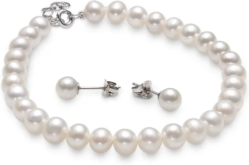 Vista 5 de Conjunto de perlas cultivadas de agua dulce para mujer con collar, pulsera y aretes, Perla, Perla