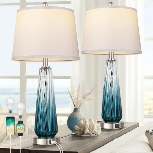 Vista 9 de Lámparas de mesa de vidrio para sala de estar, lámparas de noche modernas con puertos USB A+C, lámpara de mesita de noche de control táctil