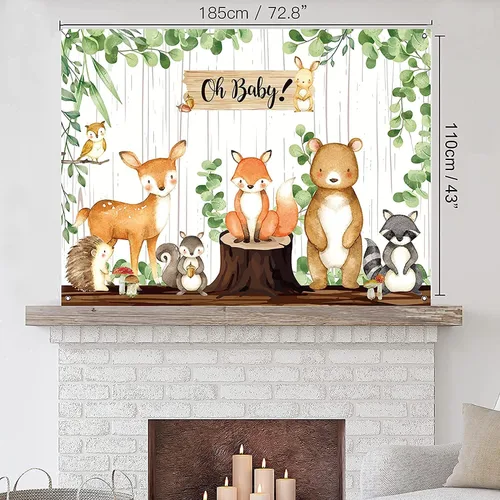 Vista 7 de Pancarta de fondo de baby shower de bosque, decoraciones de baby shower para niños y niñas, tela grande, temática de animales de selva, suministros