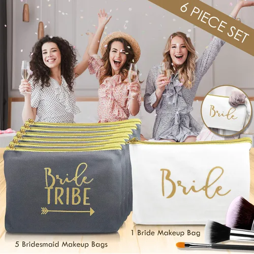 Vista 5 de Bolsas de lona para maquillaje, regalo de damas de honor, para despedida de soltera (juego de 6 piezas)
